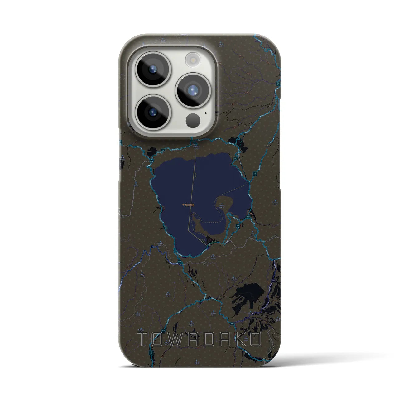 【十和田湖】地図柄iPhoneケース（バックカバータイプ・ブラック）iPhone 15 Pro 用