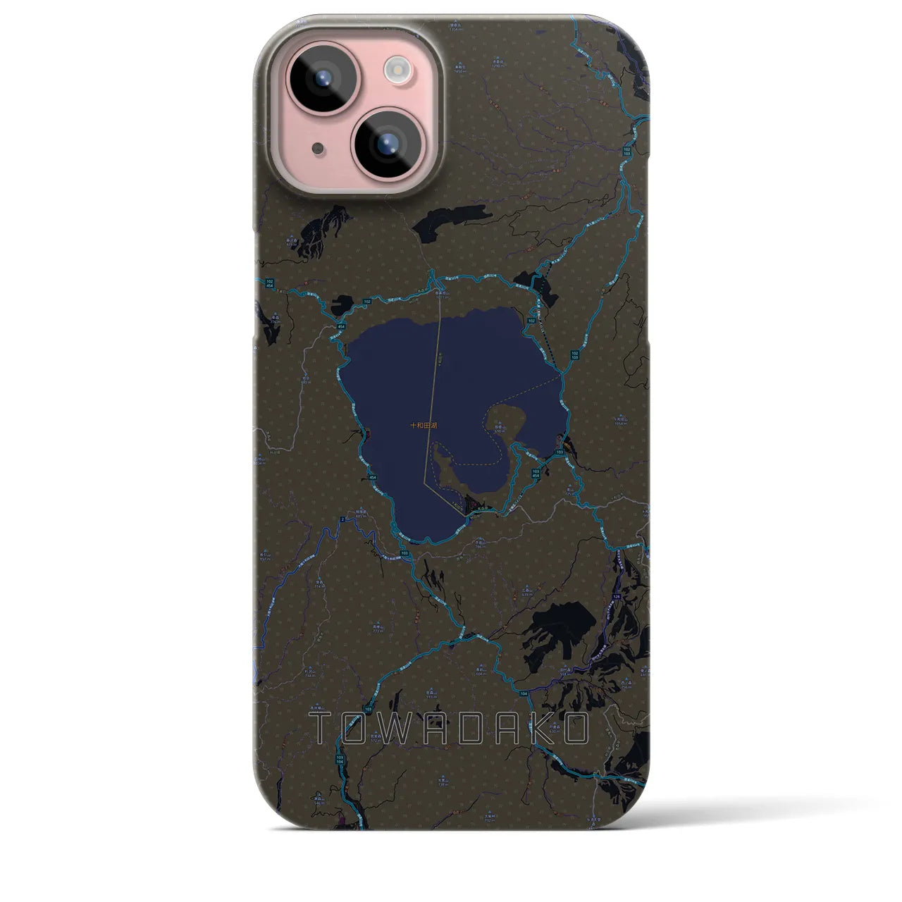 【十和田湖】地図柄iPhoneケース（バックカバータイプ・ブラック）iPhone 15 Plus 用