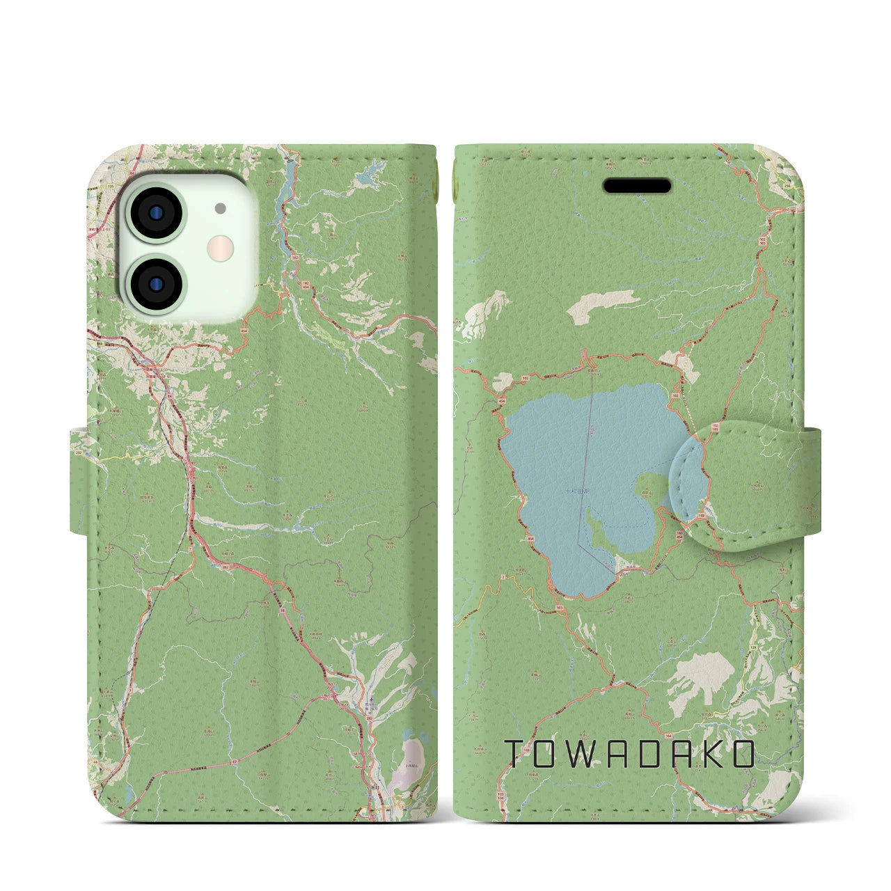 【十和田湖】地図柄iPhoneケース（手帳両面タイプ・ナチュラル）iPhone 12 mini 用