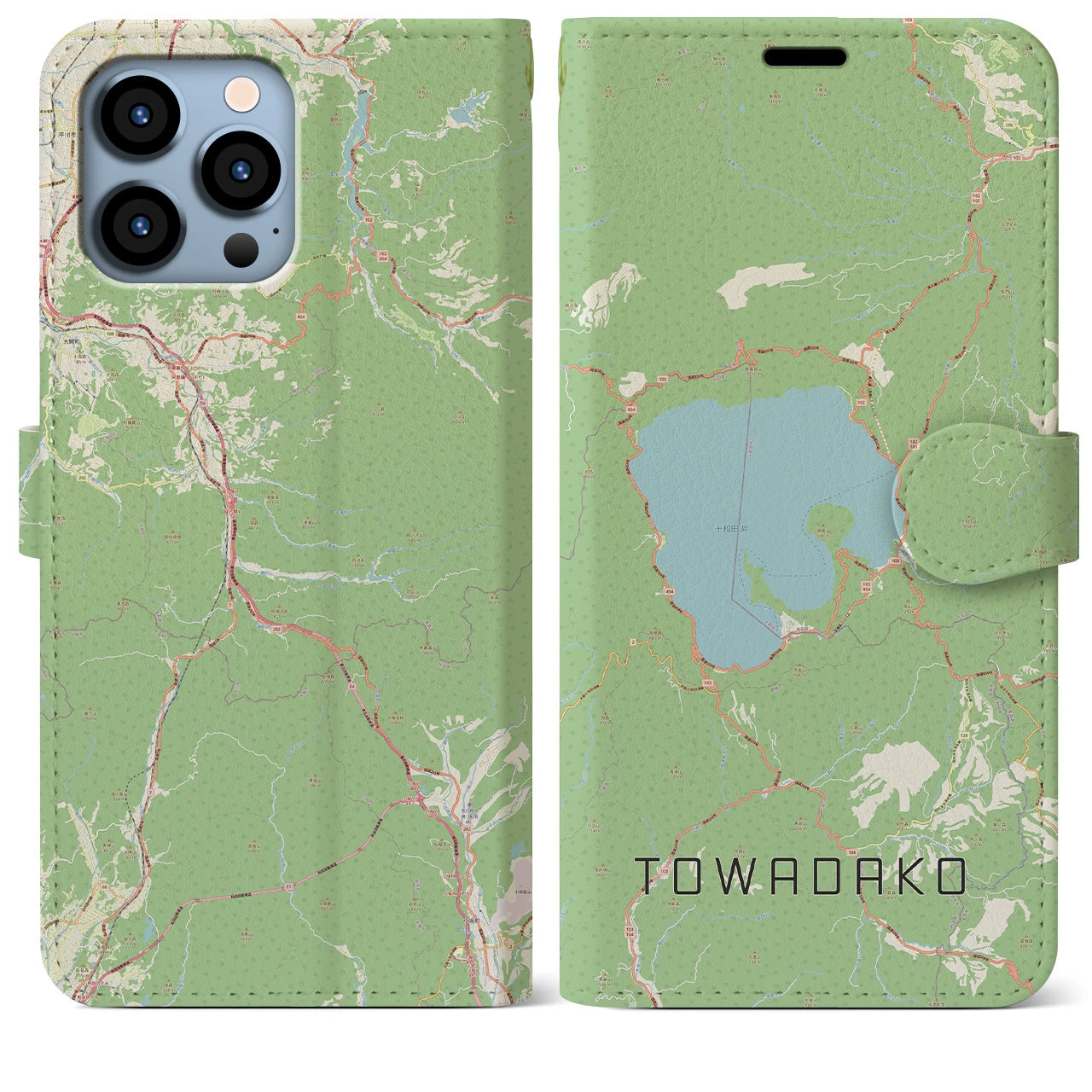 【十和田湖】地図柄iPhoneケース（手帳両面タイプ・ナチュラル）iPhone 13 Pro Max 用