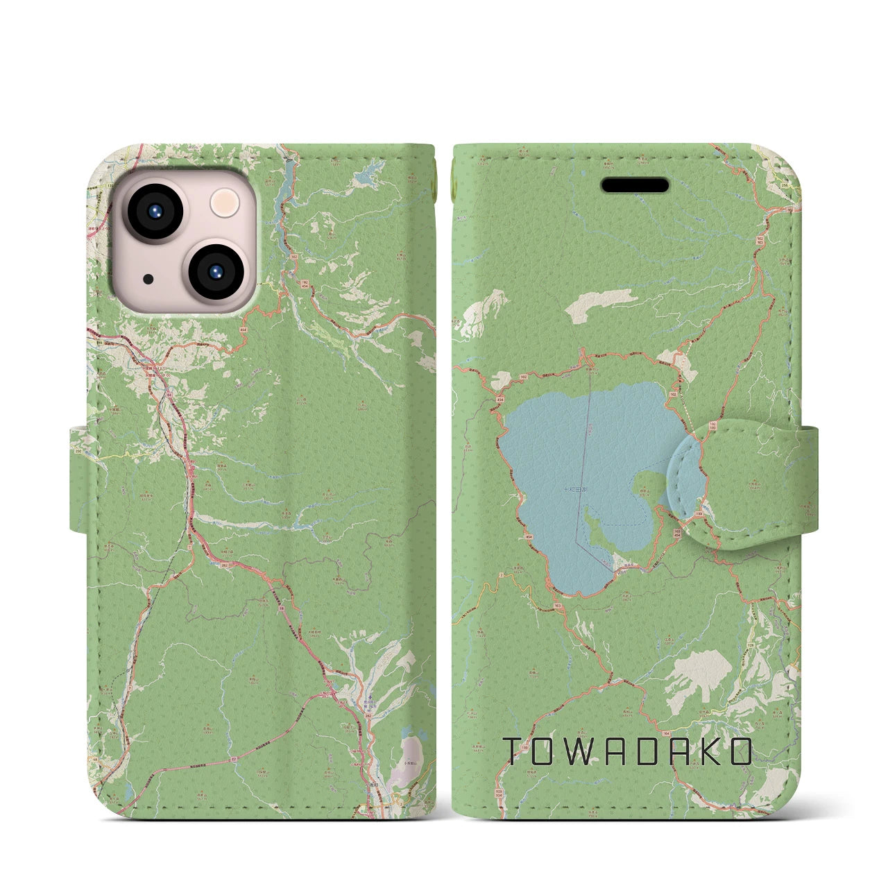 【十和田湖】地図柄iPhoneケース（手帳両面タイプ・ナチュラル）iPhone 13 mini 用
