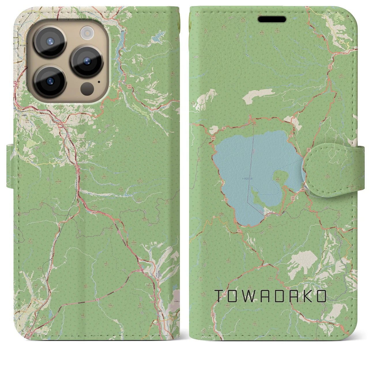 【十和田湖】地図柄iPhoneケース（手帳両面タイプ・ナチュラル）iPhone 14 Pro Max 用