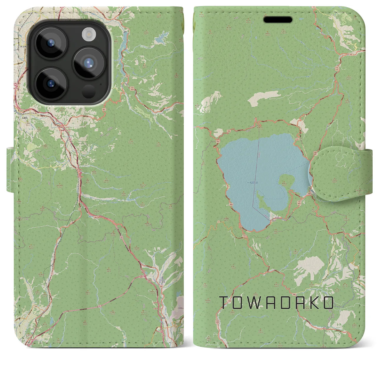 【十和田湖】地図柄iPhoneケース（手帳両面タイプ・ナチュラル）iPhone 15 Pro Max 用