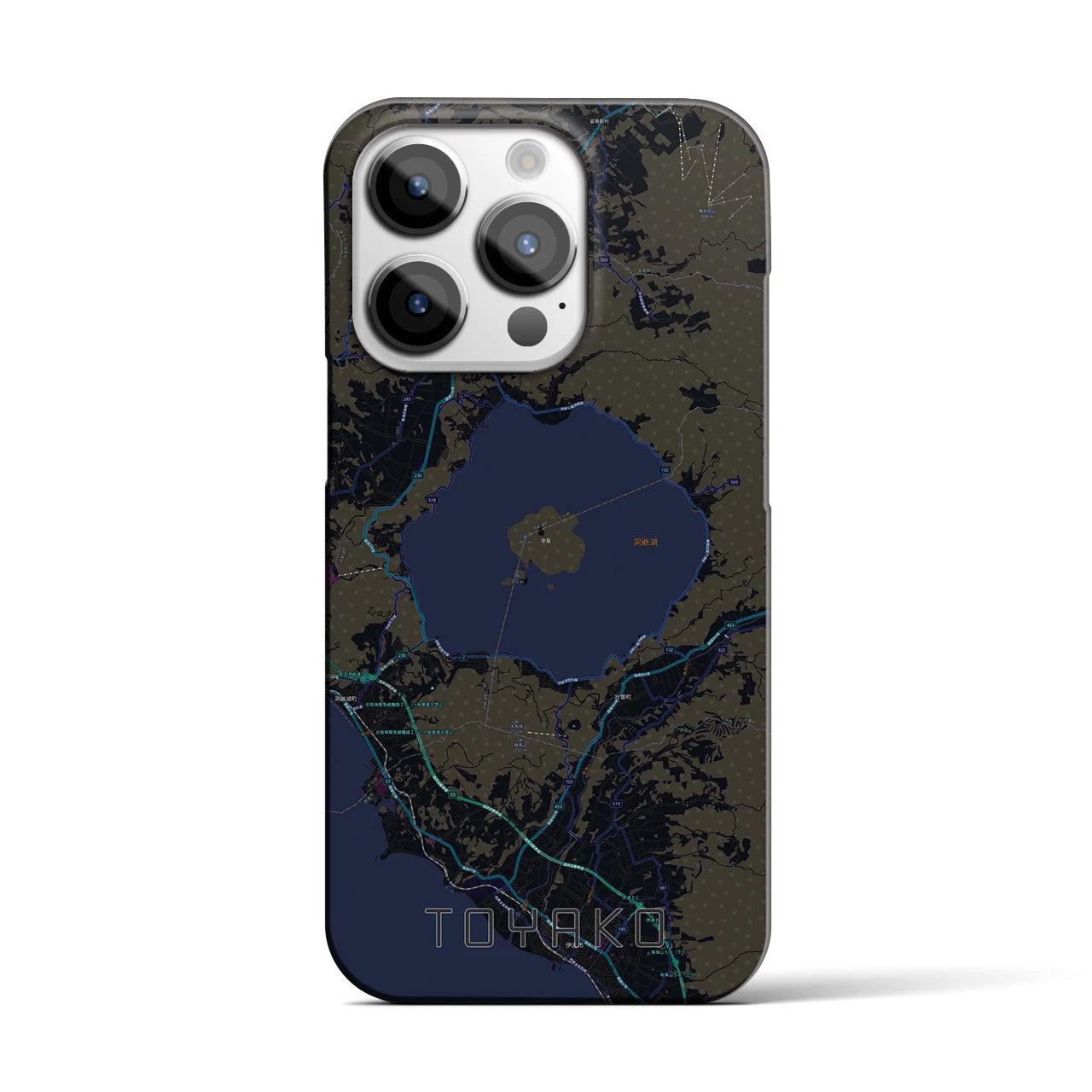 【洞爺湖】地図柄iPhoneケース（バックカバータイプ・ブラック）iPhone 14 Pro 用