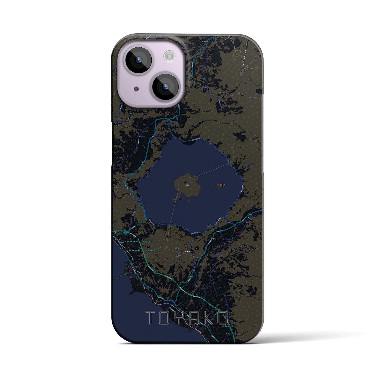 【洞爺湖】地図柄iPhoneケース（バックカバータイプ・ブラック）iPhone 14 用