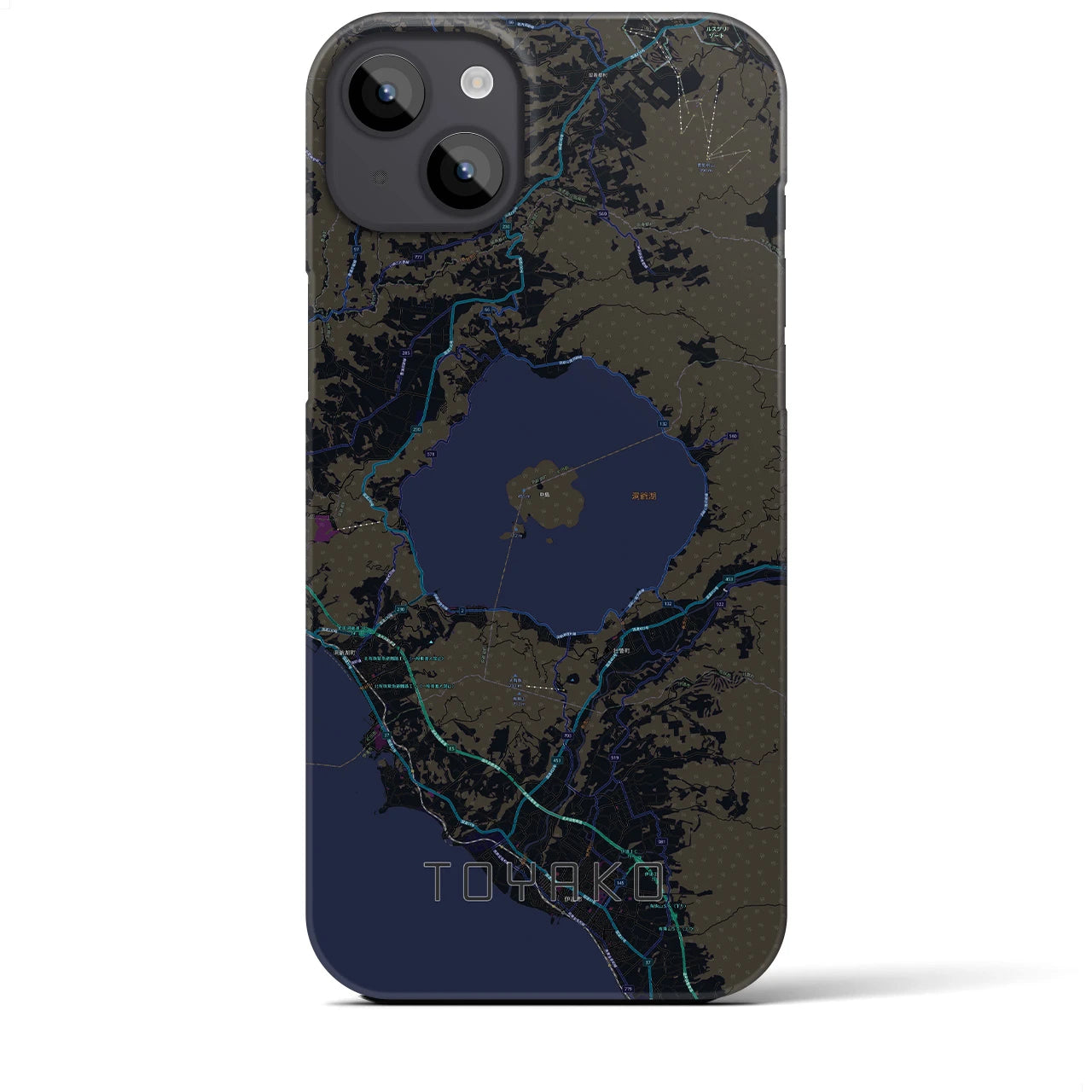 【洞爺湖】地図柄iPhoneケース（バックカバータイプ・ブラック）iPhone 14 Plus 用