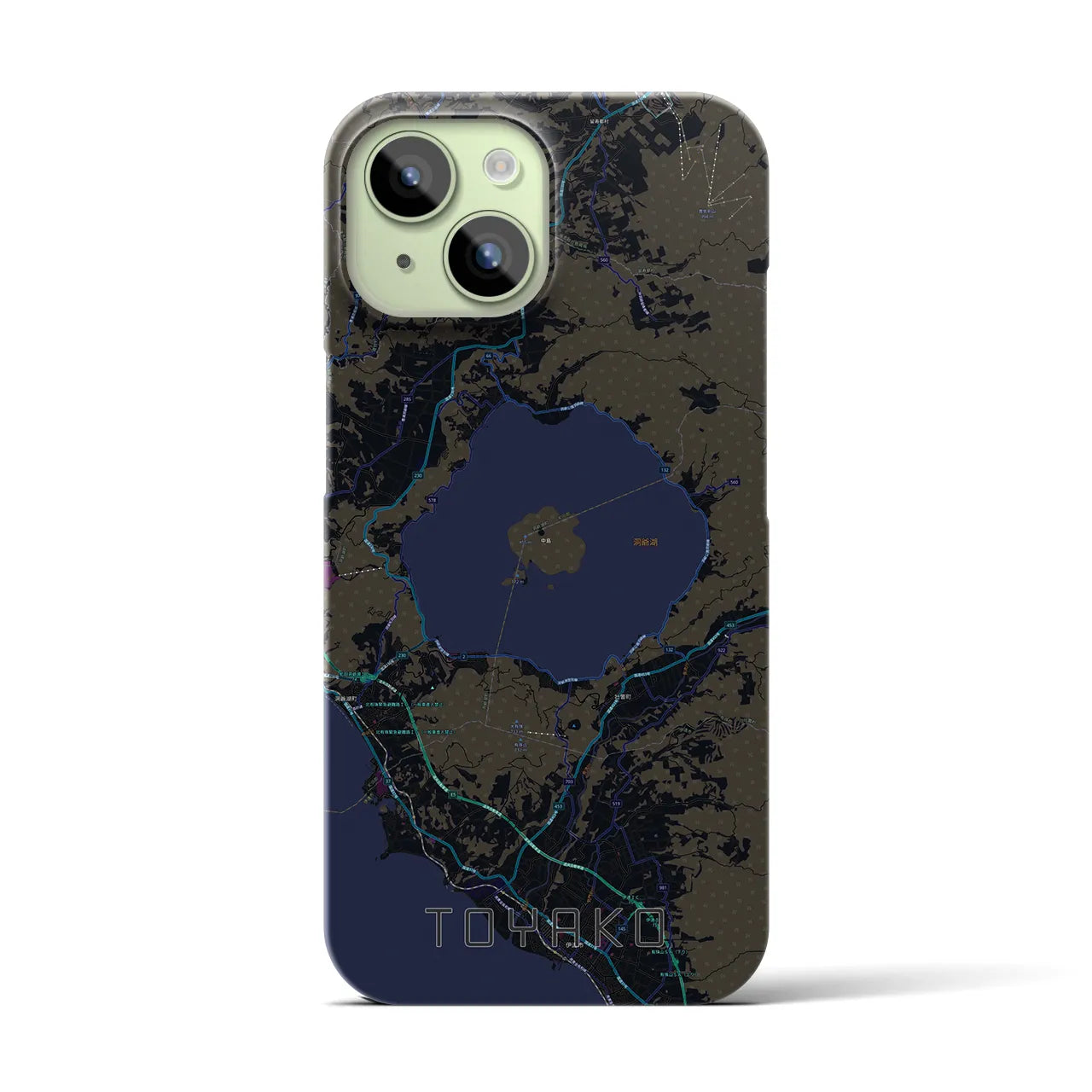 【洞爺湖】地図柄iPhoneケース（バックカバータイプ・ブラック）iPhone 15 用