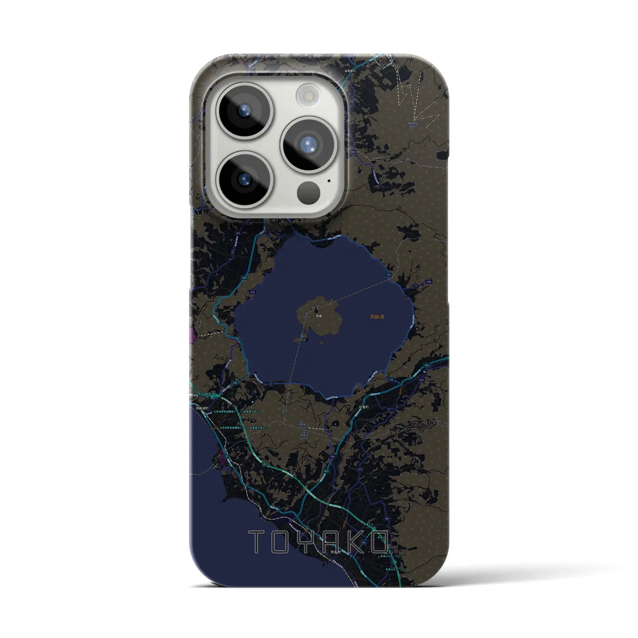 【洞爺湖】地図柄iPhoneケース（バックカバータイプ・ブラック）iPhone 15 Pro 用