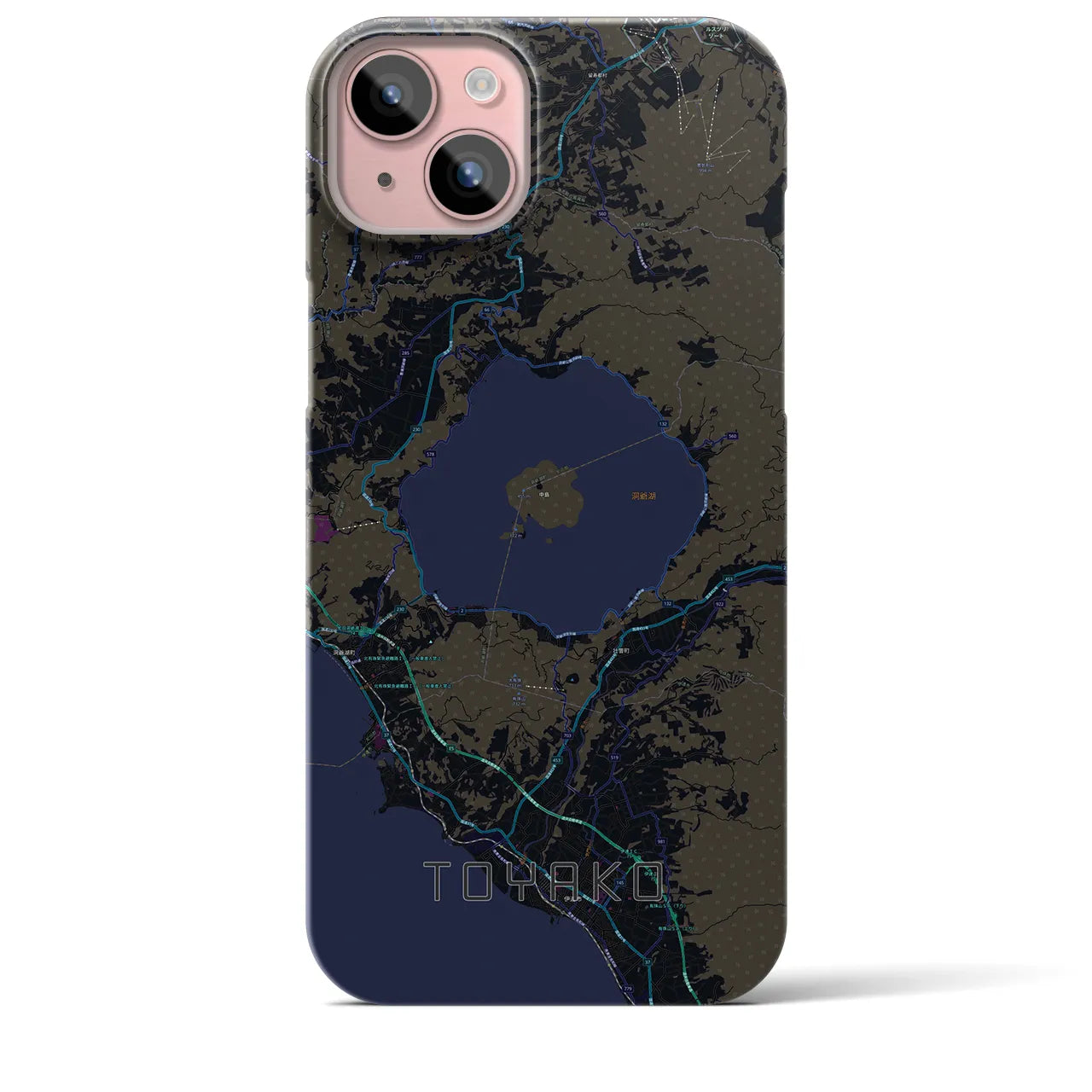 【洞爺湖】地図柄iPhoneケース（バックカバータイプ・ブラック）iPhone 15 Plus 用