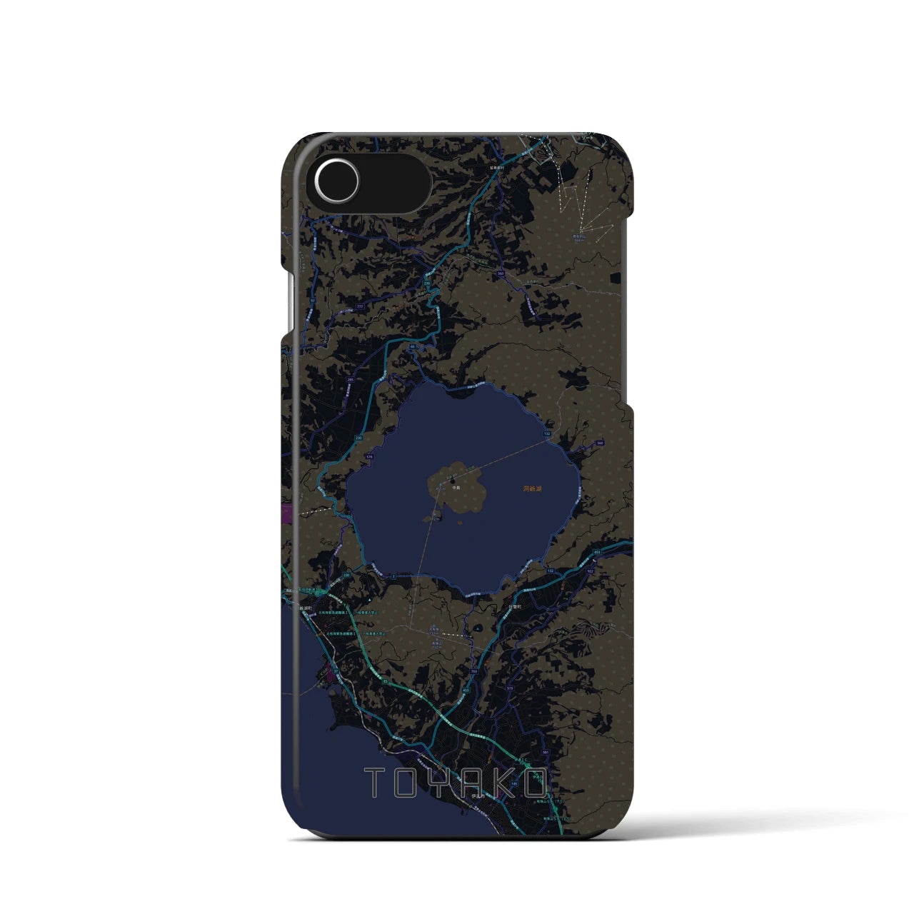 【洞爺湖】地図柄iPhoneケース（バックカバータイプ・ブラック）iPhone SE（第3 / 第2世代） / 8 / 7 / 6s / 6 用