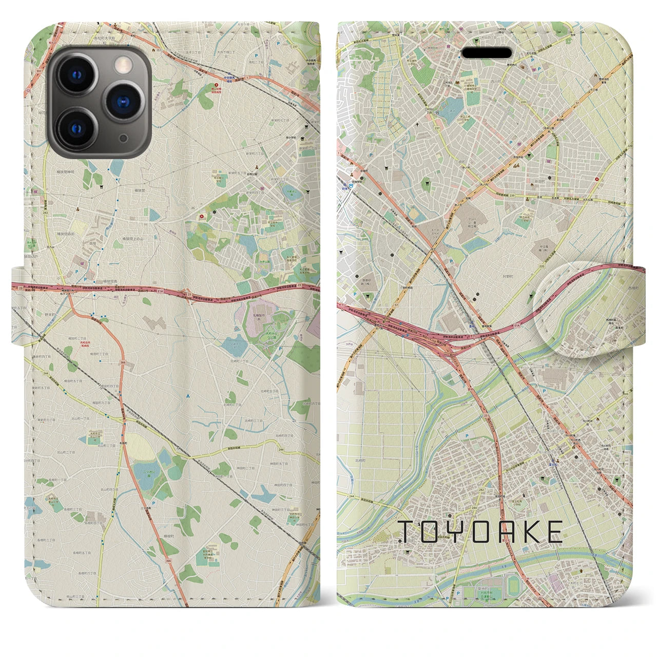 【豊明】地図柄iPhoneケース（手帳両面タイプ・ナチュラル）iPhone 11 Pro Max 用