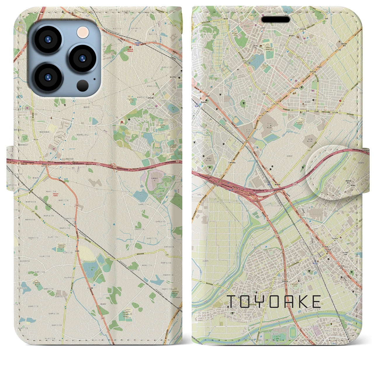 【豊明】地図柄iPhoneケース（手帳両面タイプ・ナチュラル）iPhone 13 Pro Max 用