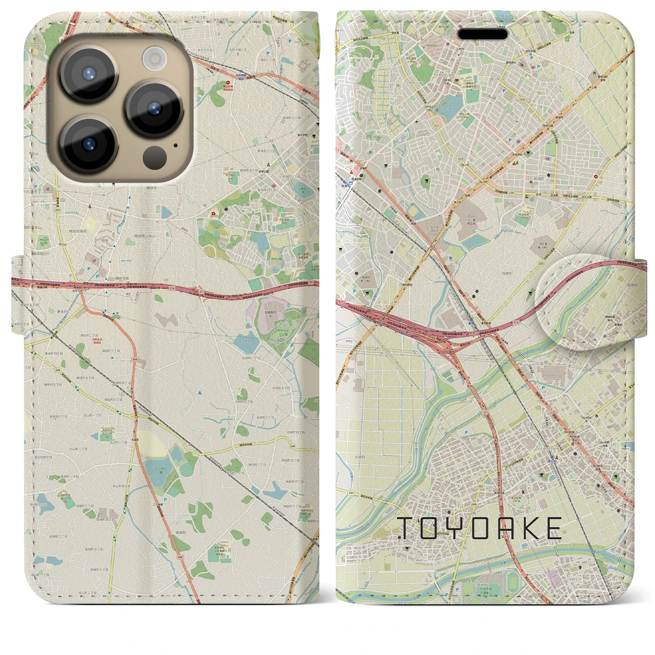 【豊明】地図柄iPhoneケース（手帳両面タイプ・ナチュラル）iPhone 14 Pro Max 用