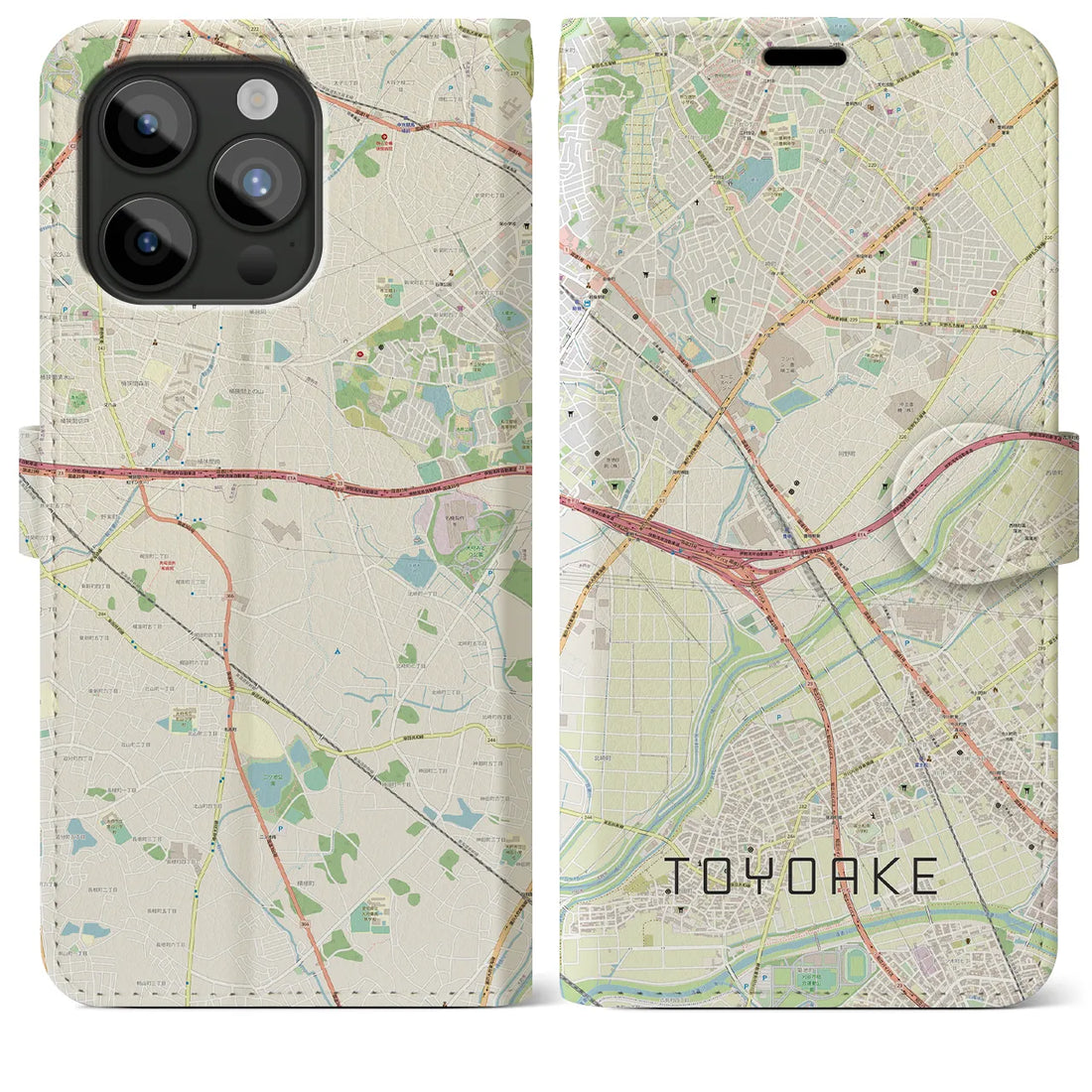 【豊明】地図柄iPhoneケース（手帳両面タイプ・ナチュラル）iPhone 15 Pro Max 用