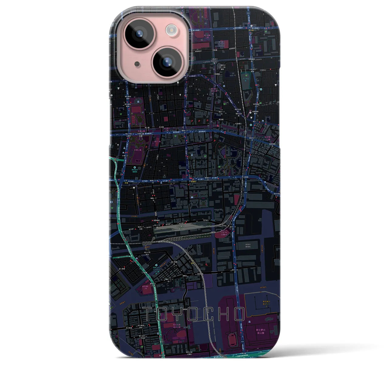 【東陽町】地図柄iPhoneケース（バックカバータイプ・ブラック）iPhone 15 Plus 用