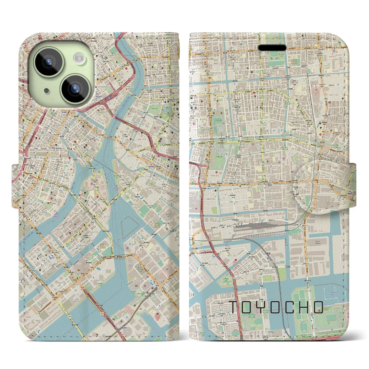 【東陽町】地図柄iPhoneケース（手帳両面タイプ・ナチュラル）iPhone 15 用