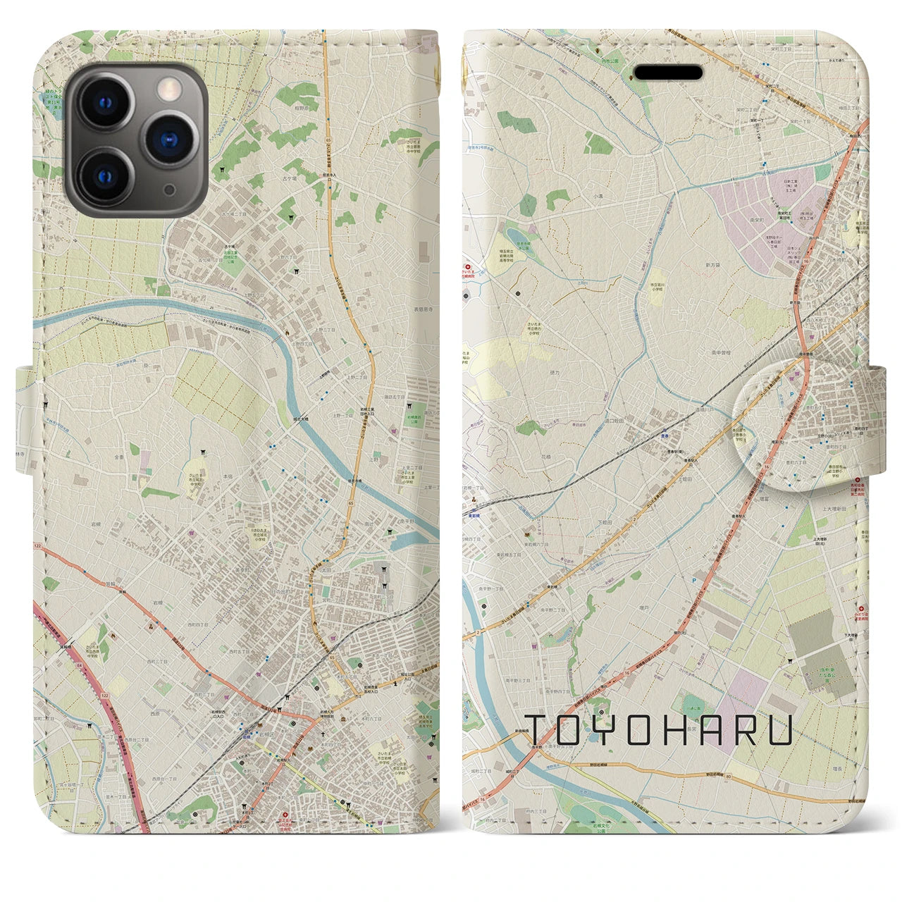 【豊春】地図柄iPhoneケース（手帳両面タイプ・ナチュラル）iPhone 11 Pro Max 用