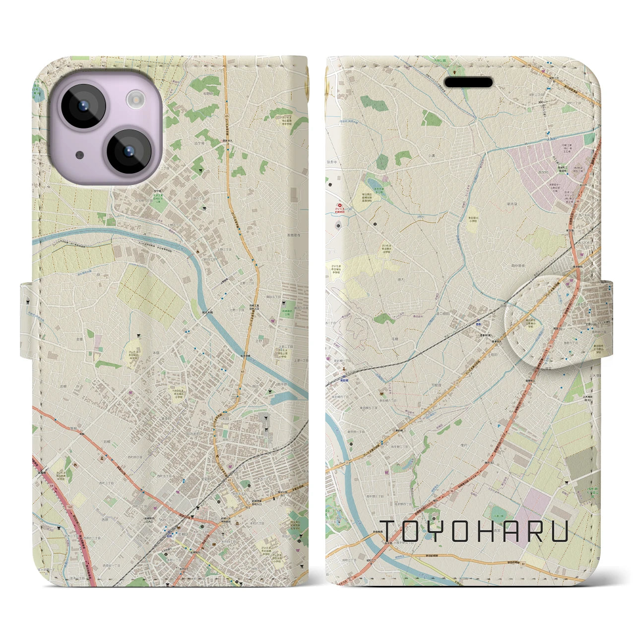 【豊春】地図柄iPhoneケース（手帳両面タイプ・ナチュラル）iPhone 14 用
