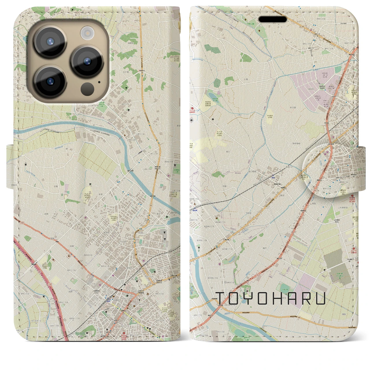 【豊春】地図柄iPhoneケース（手帳両面タイプ・ナチュラル）iPhone 14 Pro Max 用