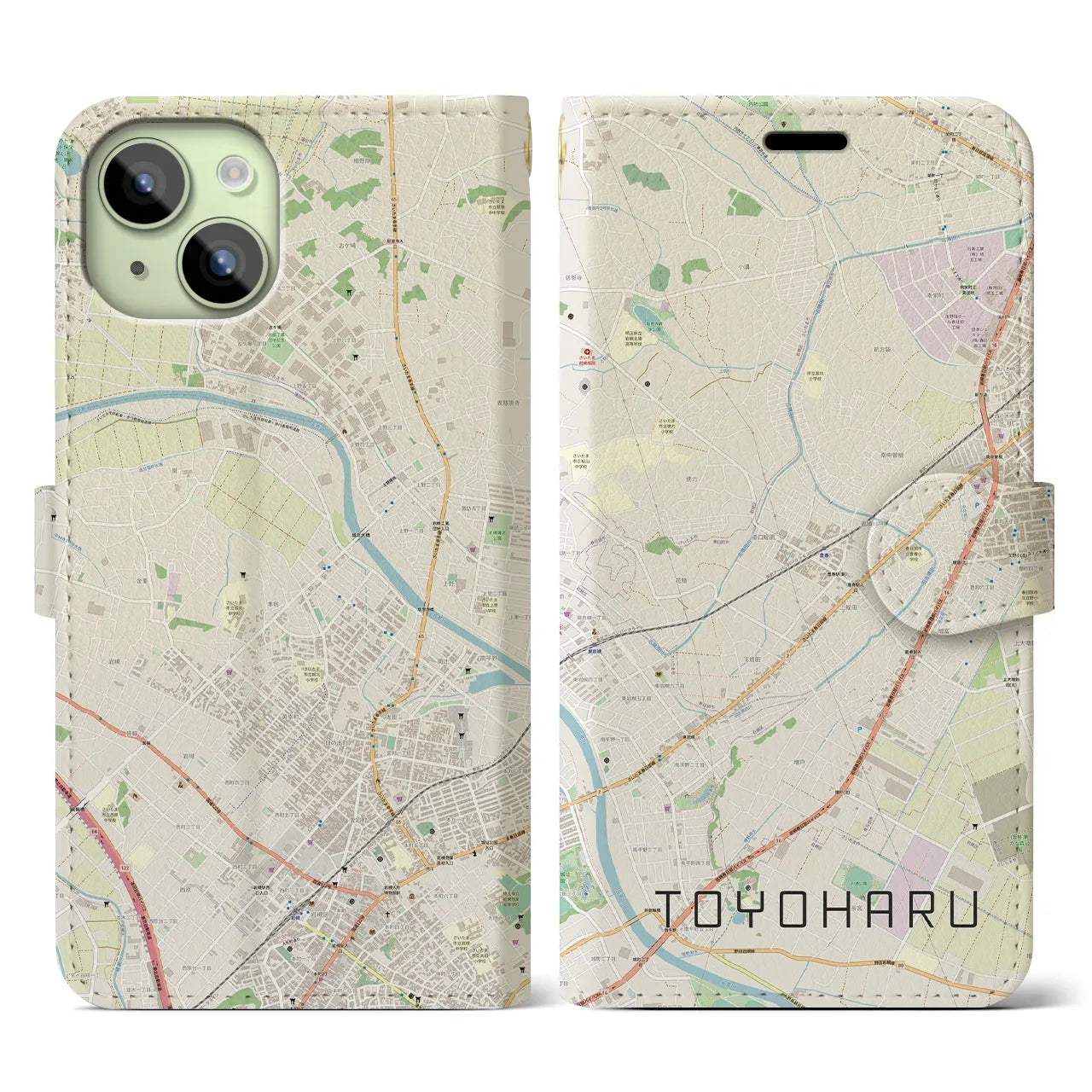 【豊春】地図柄iPhoneケース（手帳両面タイプ・ナチュラル）iPhone 15 用