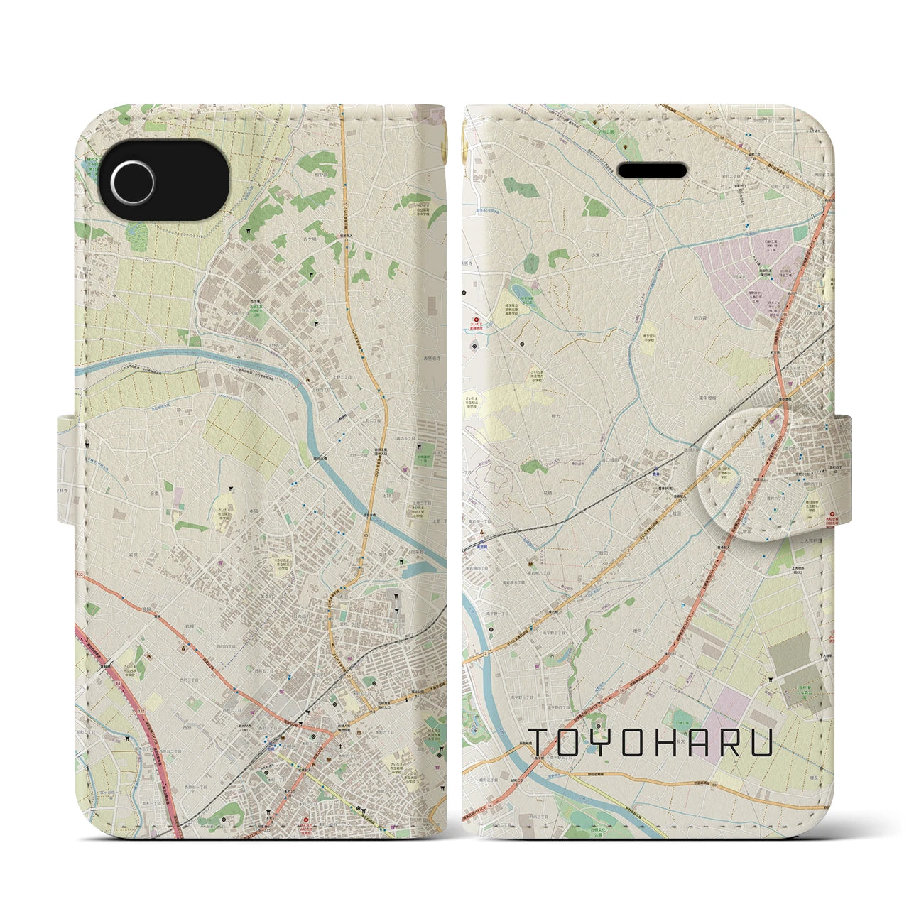 【豊春】地図柄iPhoneケース（手帳両面タイプ・ナチュラル）iPhone SE（第3 / 第2世代） / 8 / 7 / 6s / 6 用