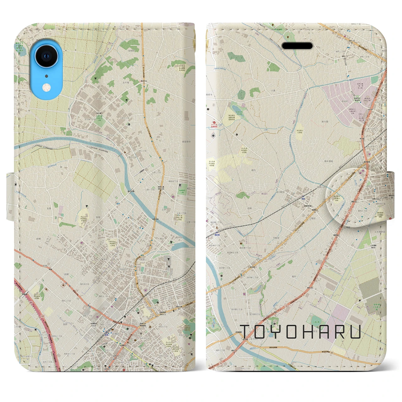 【豊春】地図柄iPhoneケース（手帳両面タイプ・ナチュラル）iPhone XR 用