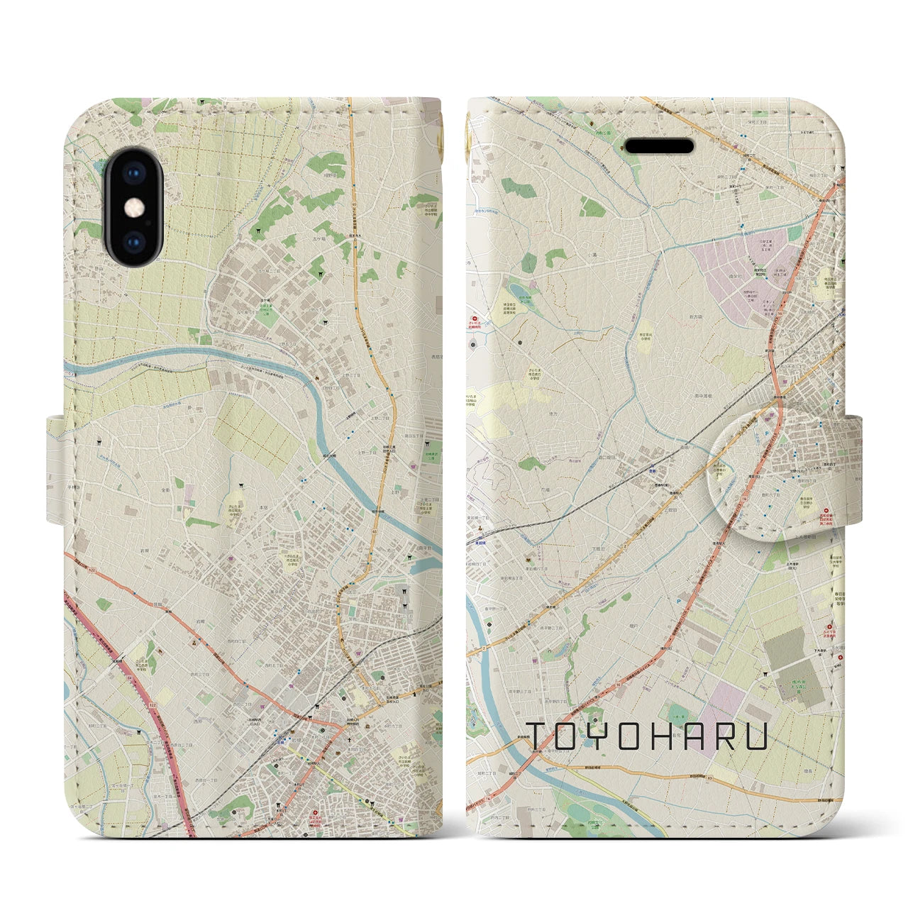 【豊春】地図柄iPhoneケース（手帳両面タイプ・ナチュラル）iPhone XS / X 用