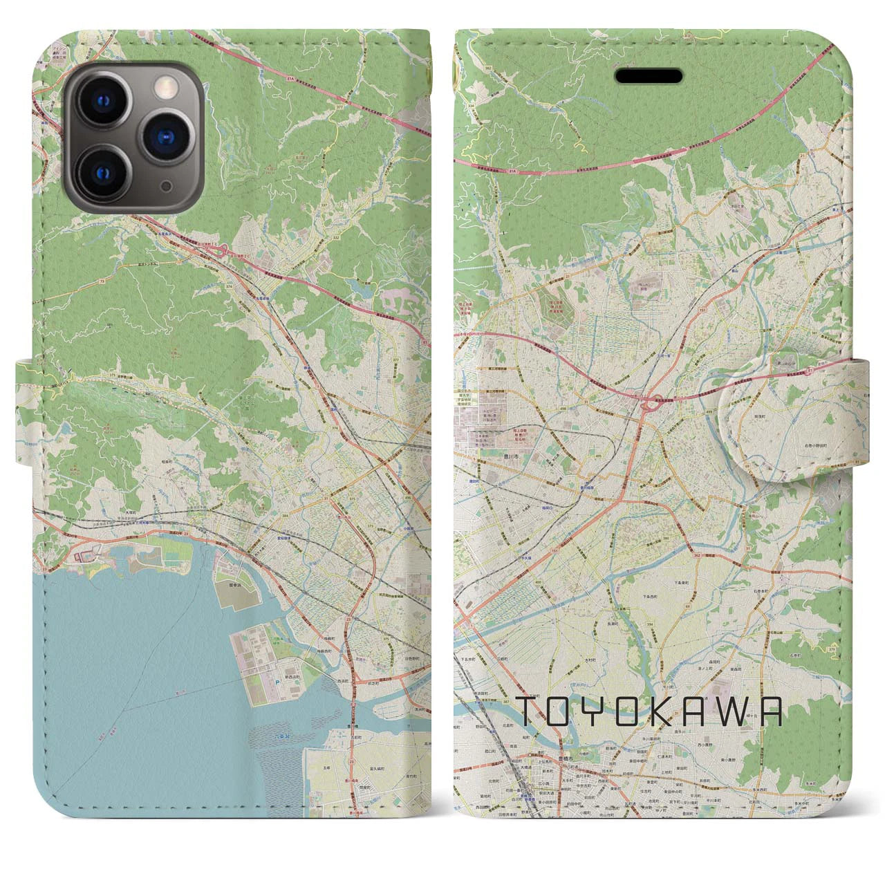 【豊川】地図柄iPhoneケース（手帳両面タイプ・ナチュラル）iPhone 11 Pro Max 用