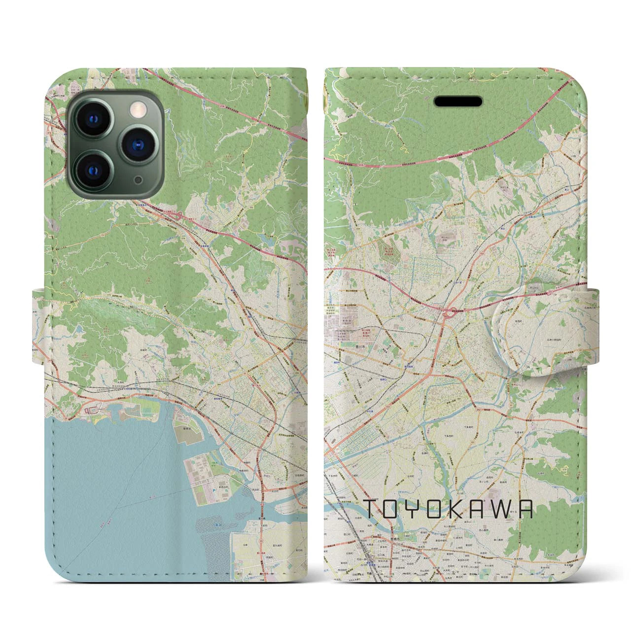 【豊川】地図柄iPhoneケース（手帳両面タイプ・ナチュラル）iPhone 11 Pro 用