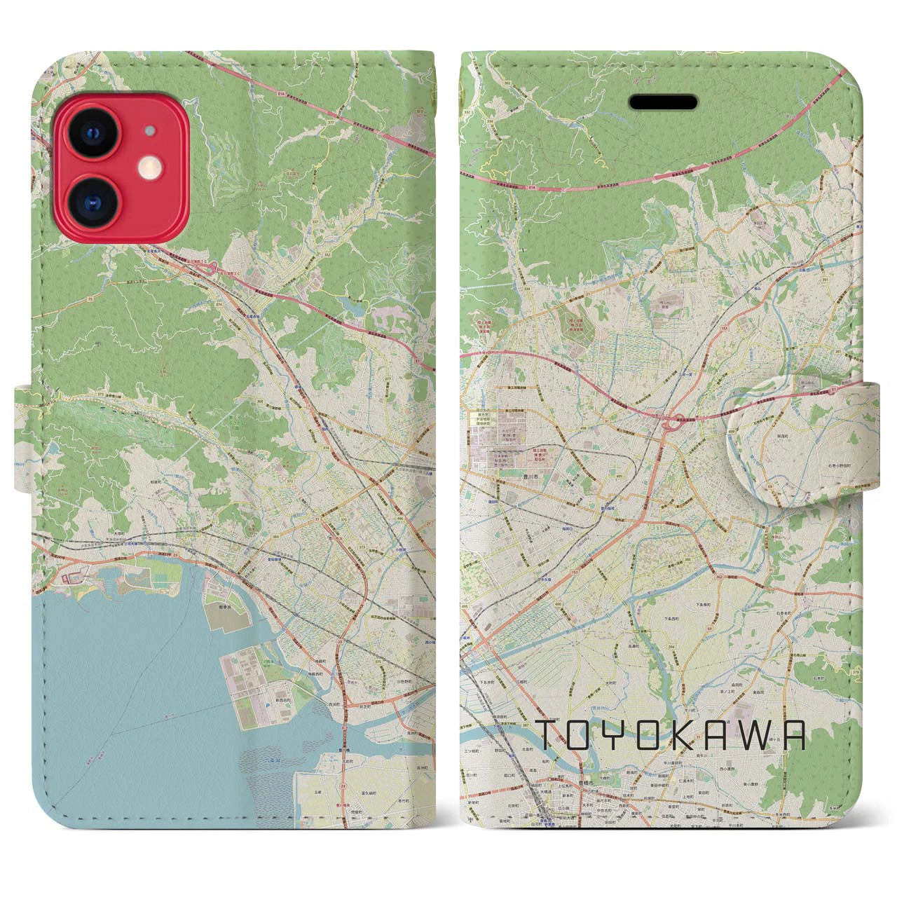 【豊川】地図柄iPhoneケース（手帳両面タイプ・ナチュラル）iPhone 11 用