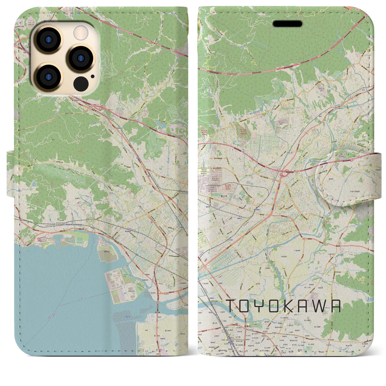 【豊川】地図柄iPhoneケース（手帳両面タイプ・ナチュラル）iPhone 12 Pro Max 用