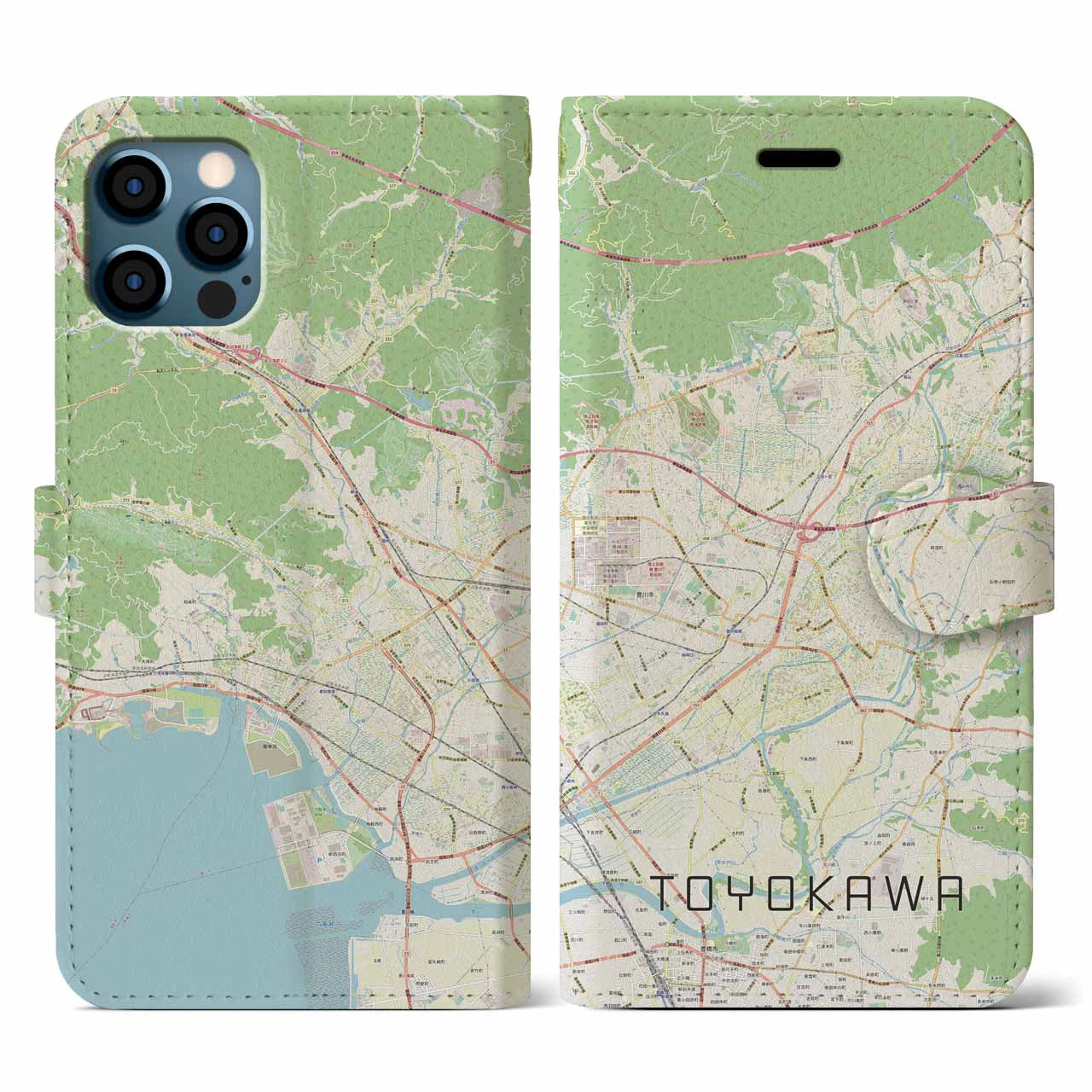 【豊川】地図柄iPhoneケース（手帳両面タイプ・ナチュラル）iPhone 12 / 12 Pro 用