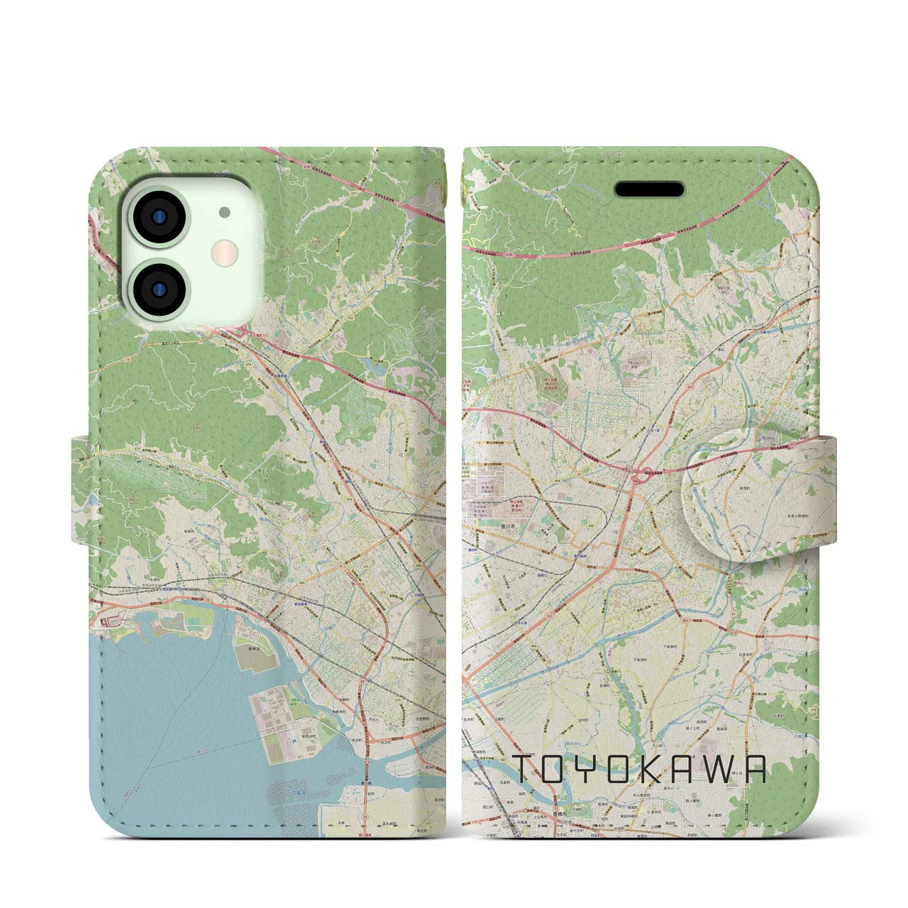 【豊川】地図柄iPhoneケース（手帳両面タイプ・ナチュラル）iPhone 12 mini 用