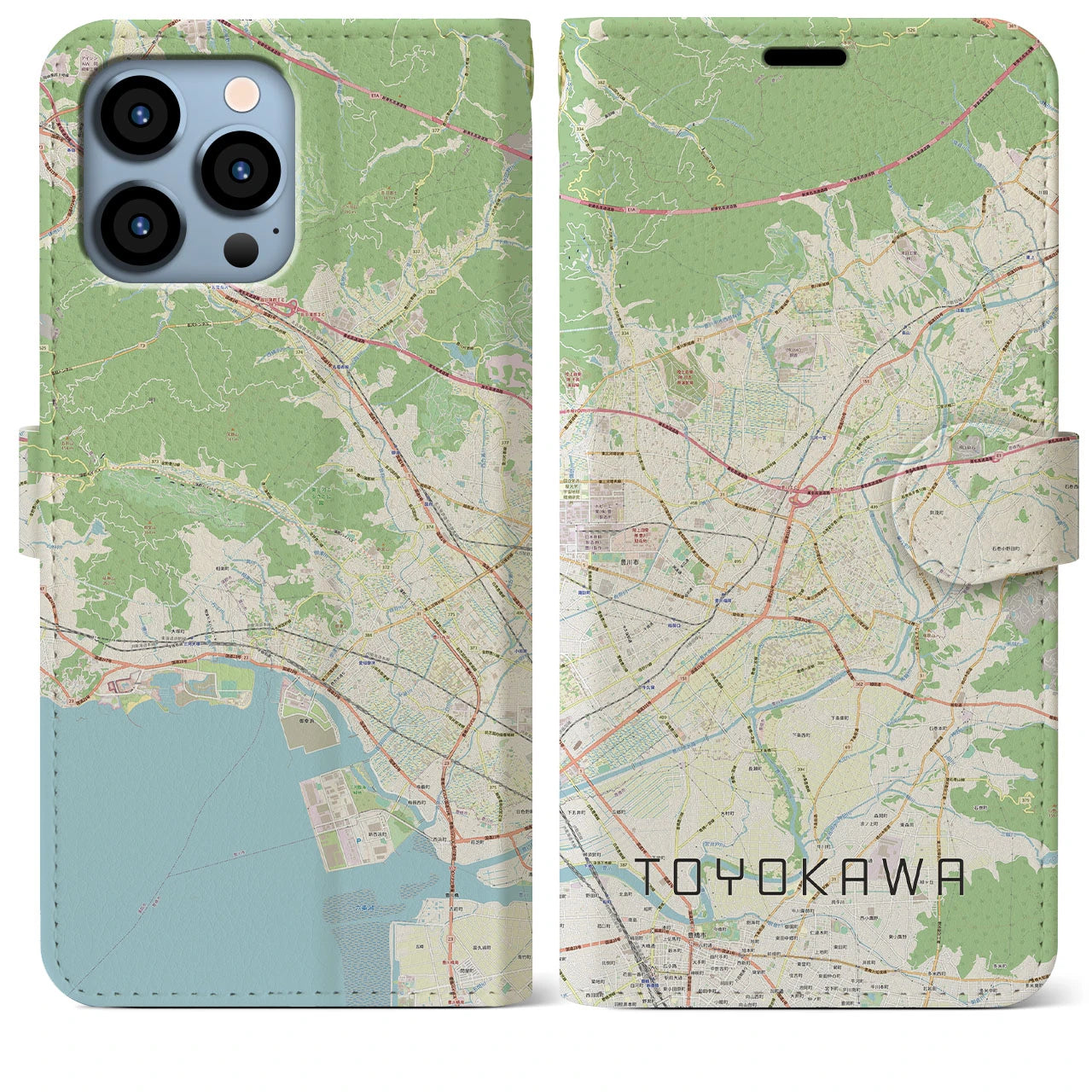 【豊川】地図柄iPhoneケース（手帳両面タイプ・ナチュラル）iPhone 13 Pro Max 用
