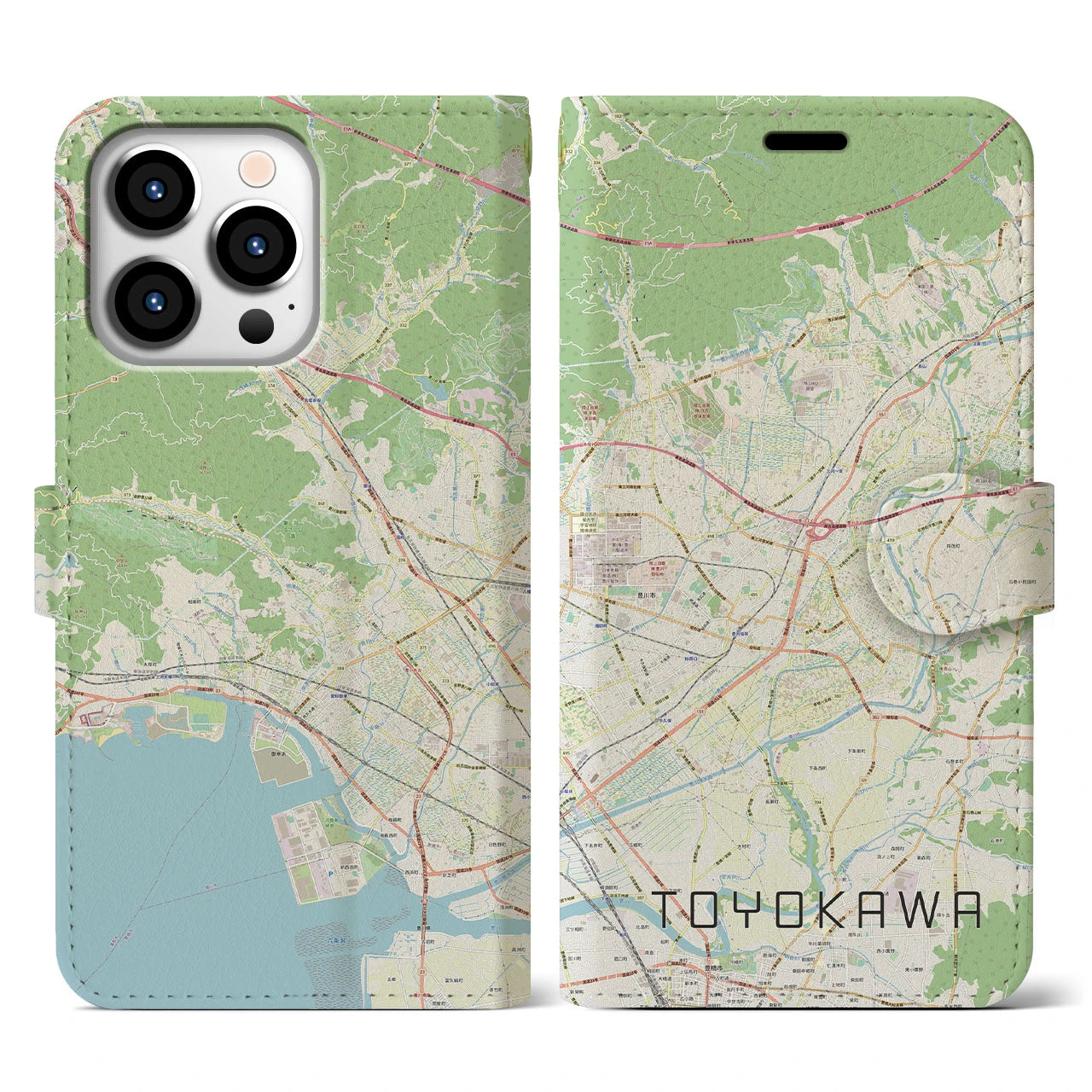 【豊川】地図柄iPhoneケース（手帳両面タイプ・ナチュラル）iPhone 13 Pro 用