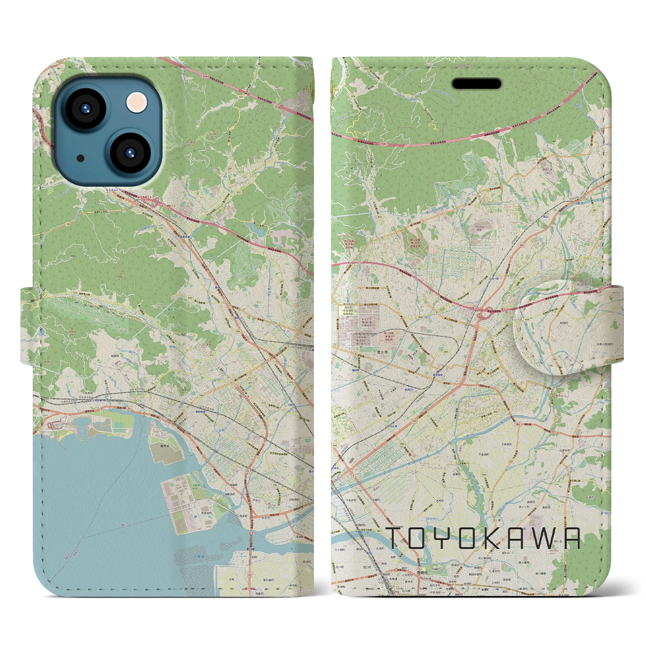【豊川】地図柄iPhoneケース（手帳両面タイプ・ナチュラル）iPhone 13 用