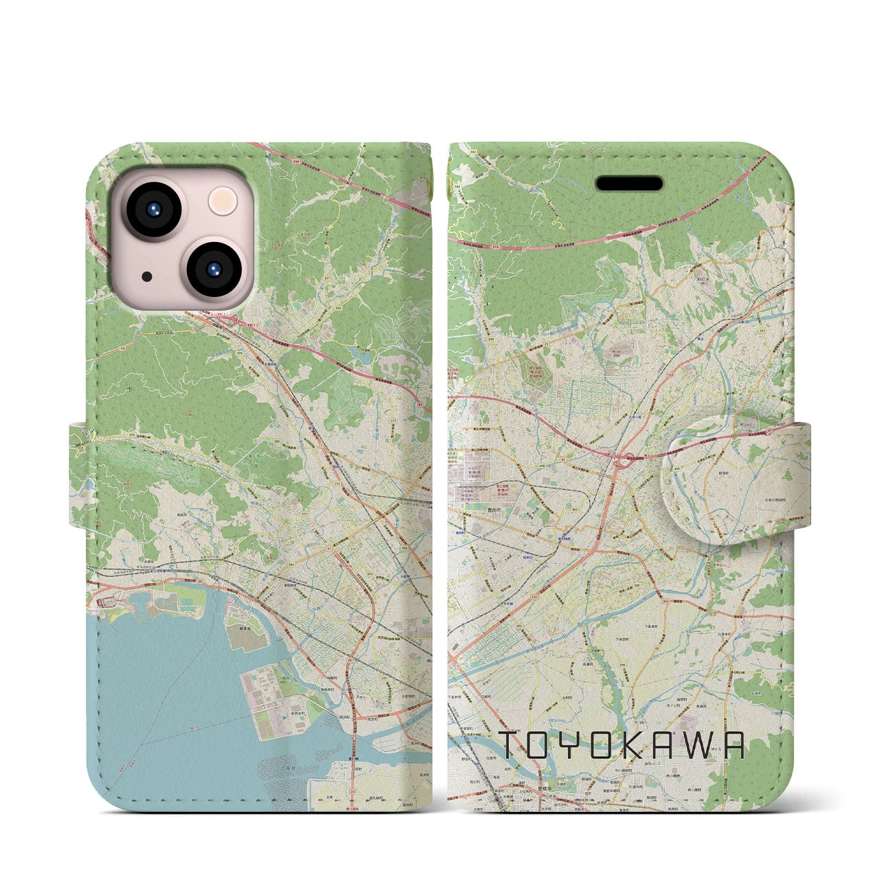 【豊川】地図柄iPhoneケース（手帳両面タイプ・ナチュラル）iPhone 13 mini 用