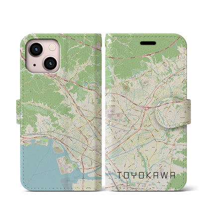 【豊川（愛知県）】地図柄iPhoneケース（手帳タイプ）ナチュラル・iPhone 13 mini 用