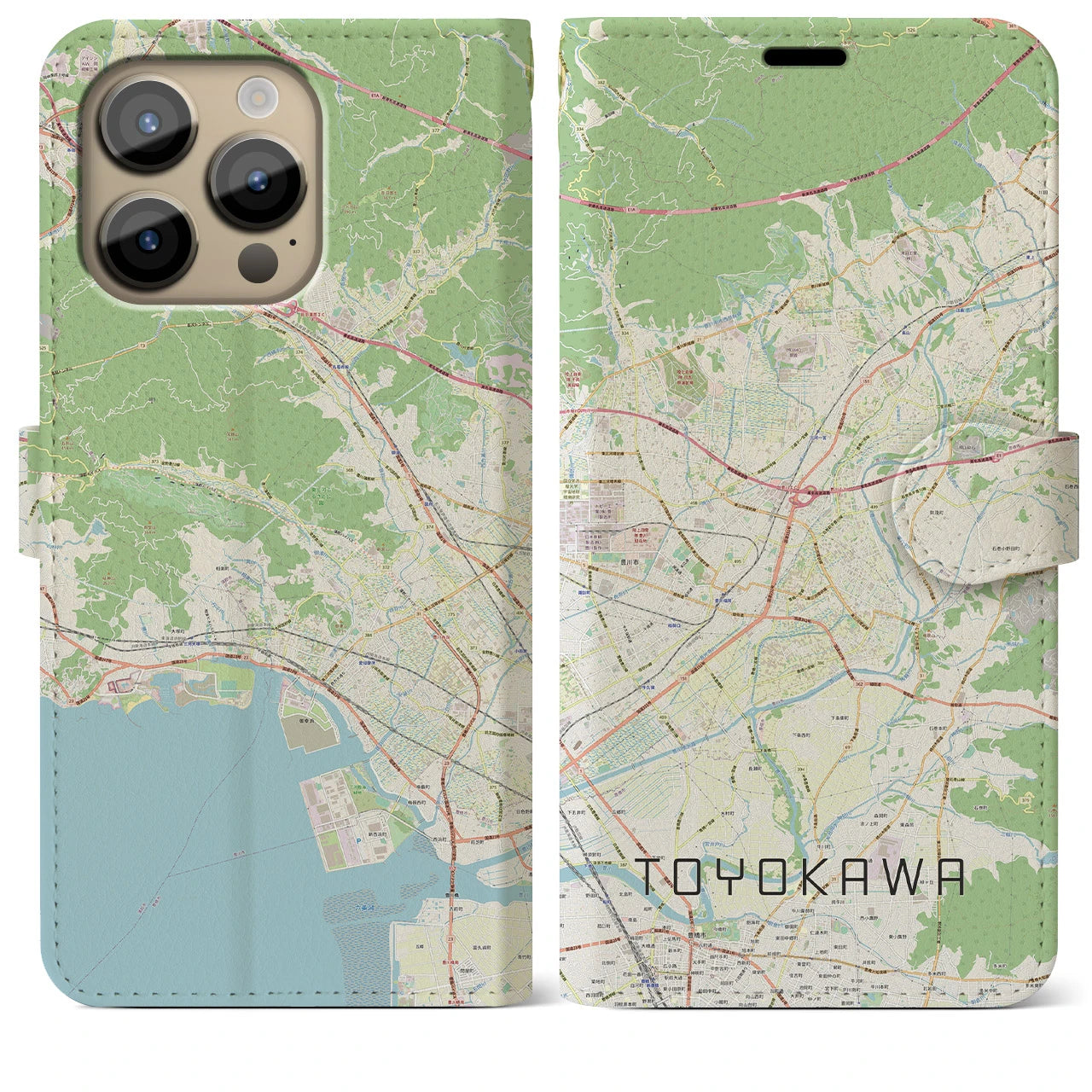 【豊川】地図柄iPhoneケース（手帳両面タイプ・ナチュラル）iPhone 14 Pro Max 用