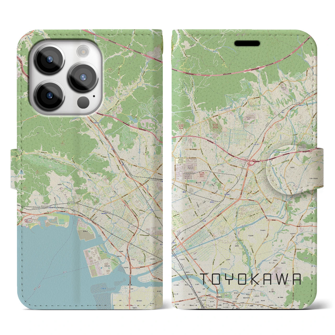 【豊川】地図柄iPhoneケース（手帳両面タイプ・ナチュラル）iPhone 14 Pro 用