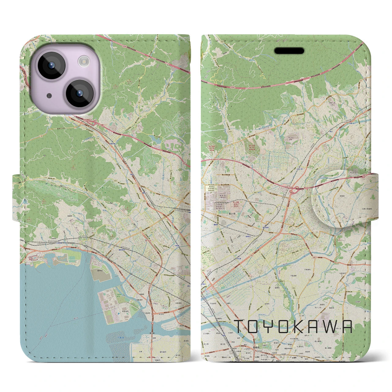 【豊川】地図柄iPhoneケース（手帳両面タイプ・ナチュラル）iPhone 14 用