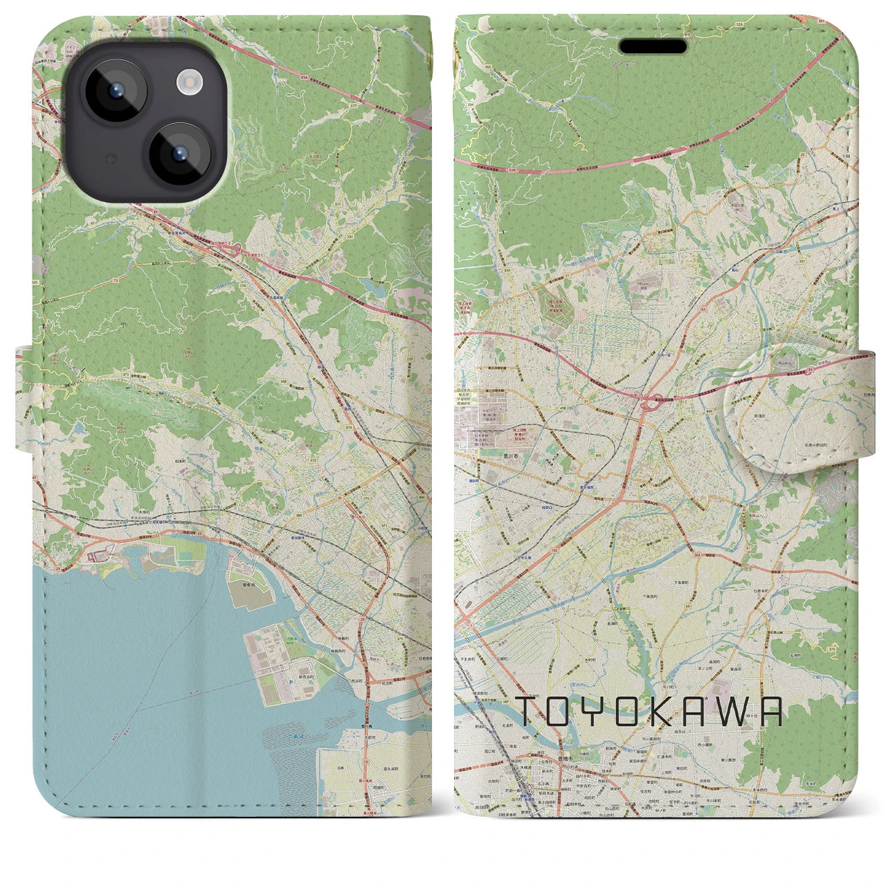 【豊川】地図柄iPhoneケース（手帳両面タイプ・ナチュラル）iPhone 14 Plus 用