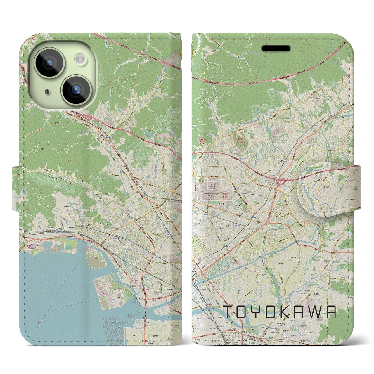【豊川】地図柄iPhoneケース（手帳両面タイプ・ナチュラル）iPhone 15 用