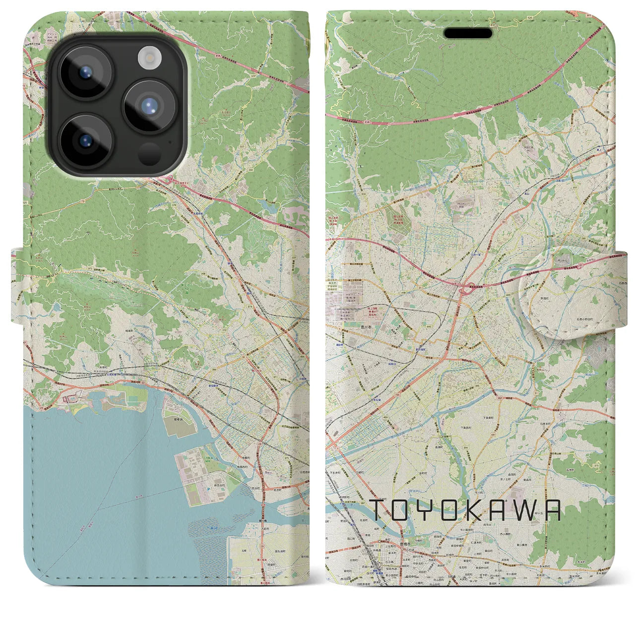 【豊川】地図柄iPhoneケース（手帳両面タイプ・ナチュラル）iPhone 15 Pro Max 用
