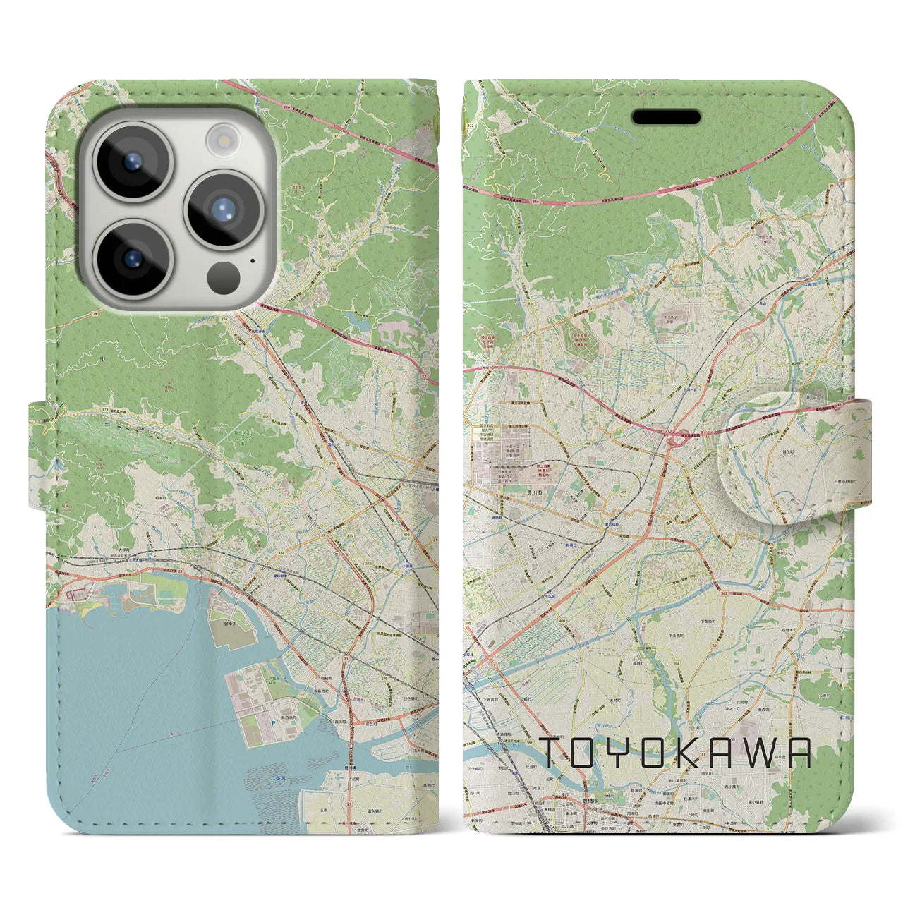 【豊川】地図柄iPhoneケース（手帳両面タイプ・ナチュラル）iPhone 15 Pro 用