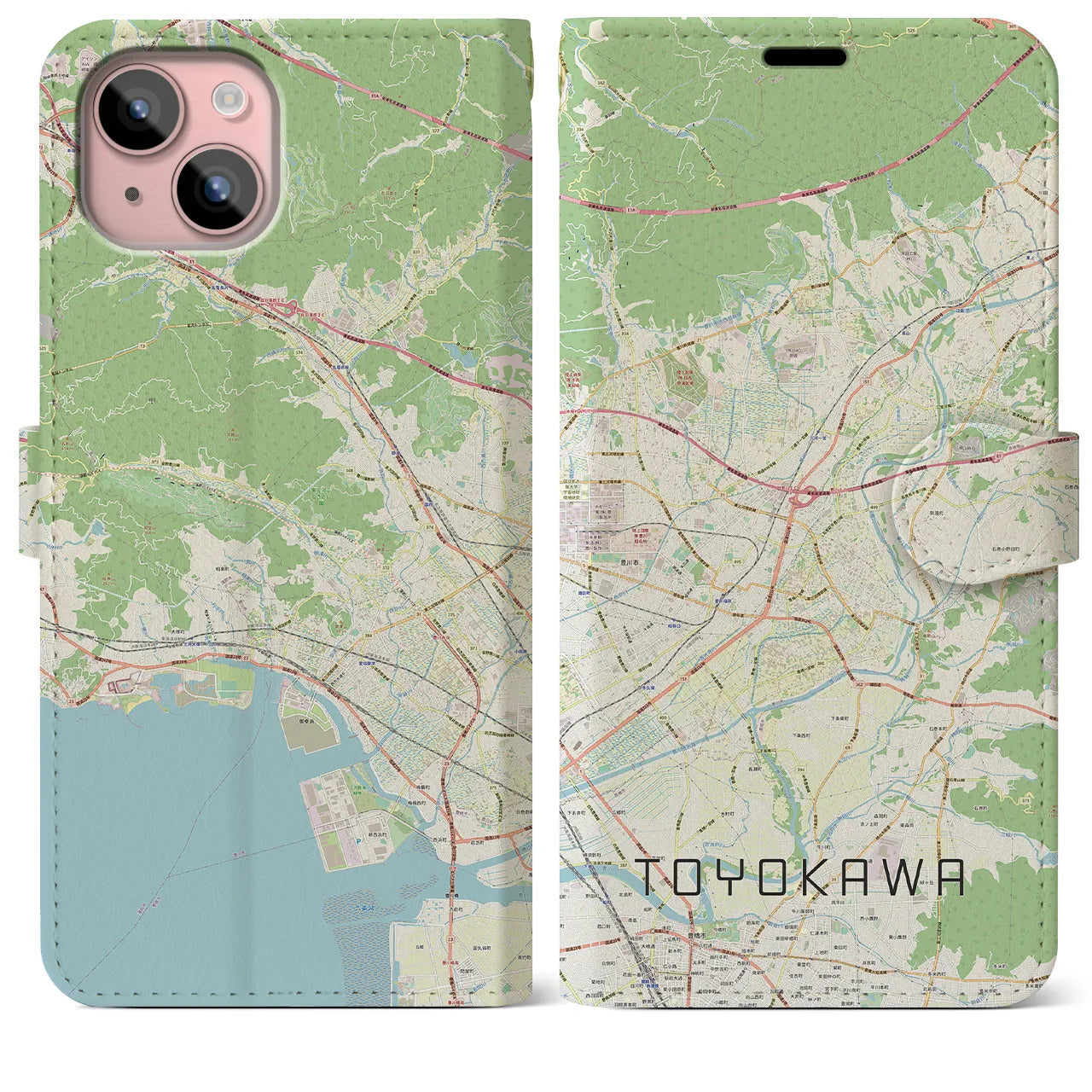【豊川】地図柄iPhoneケース（手帳両面タイプ・ナチュラル）iPhone 15 Plus 用