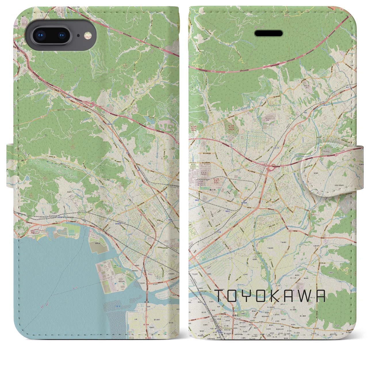 【豊川】地図柄iPhoneケース（手帳両面タイプ・ナチュラル）iPhone 8Plus /7Plus / 6sPlus / 6Plus 用