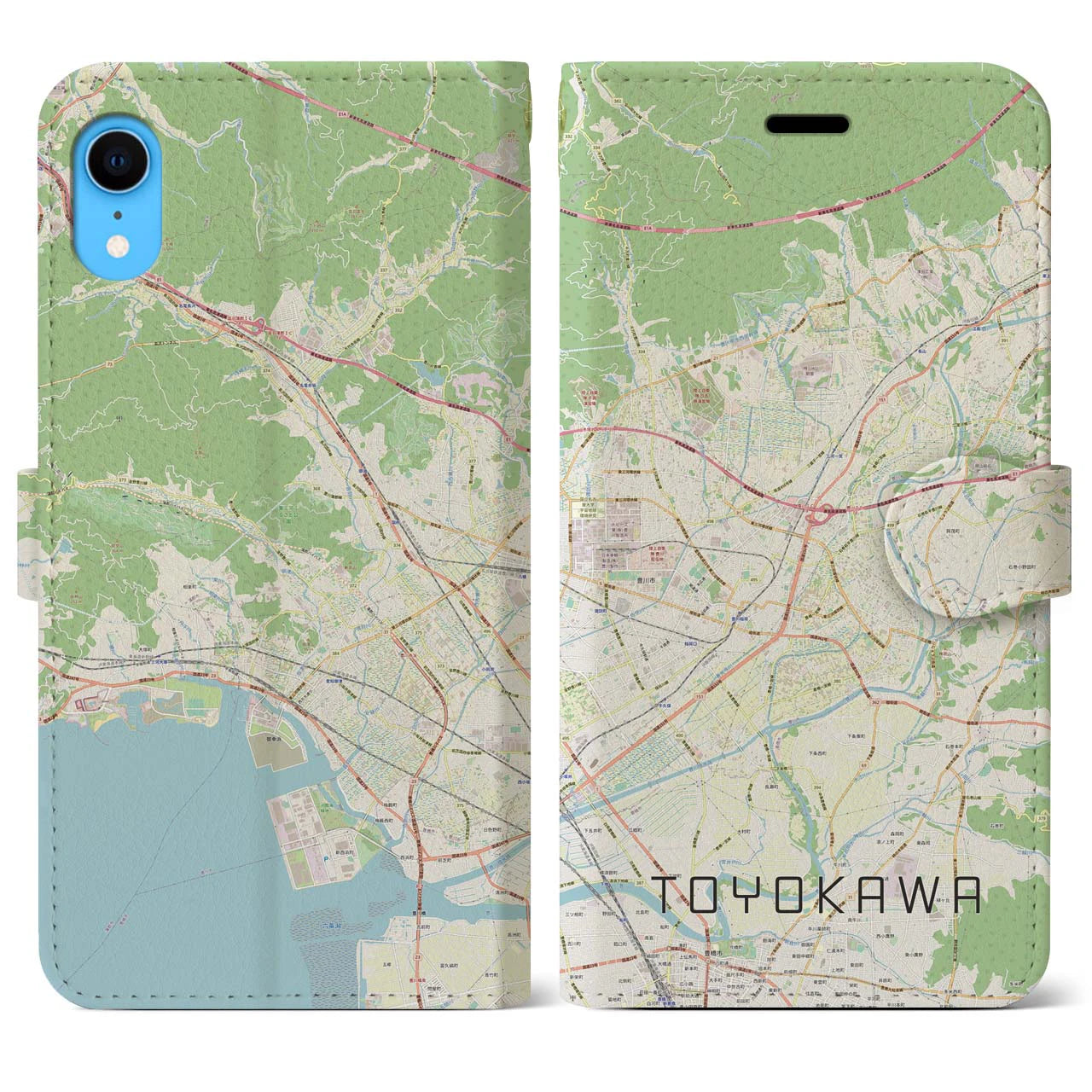 【豊川】地図柄iPhoneケース（手帳両面タイプ・ナチュラル）iPhone XR 用