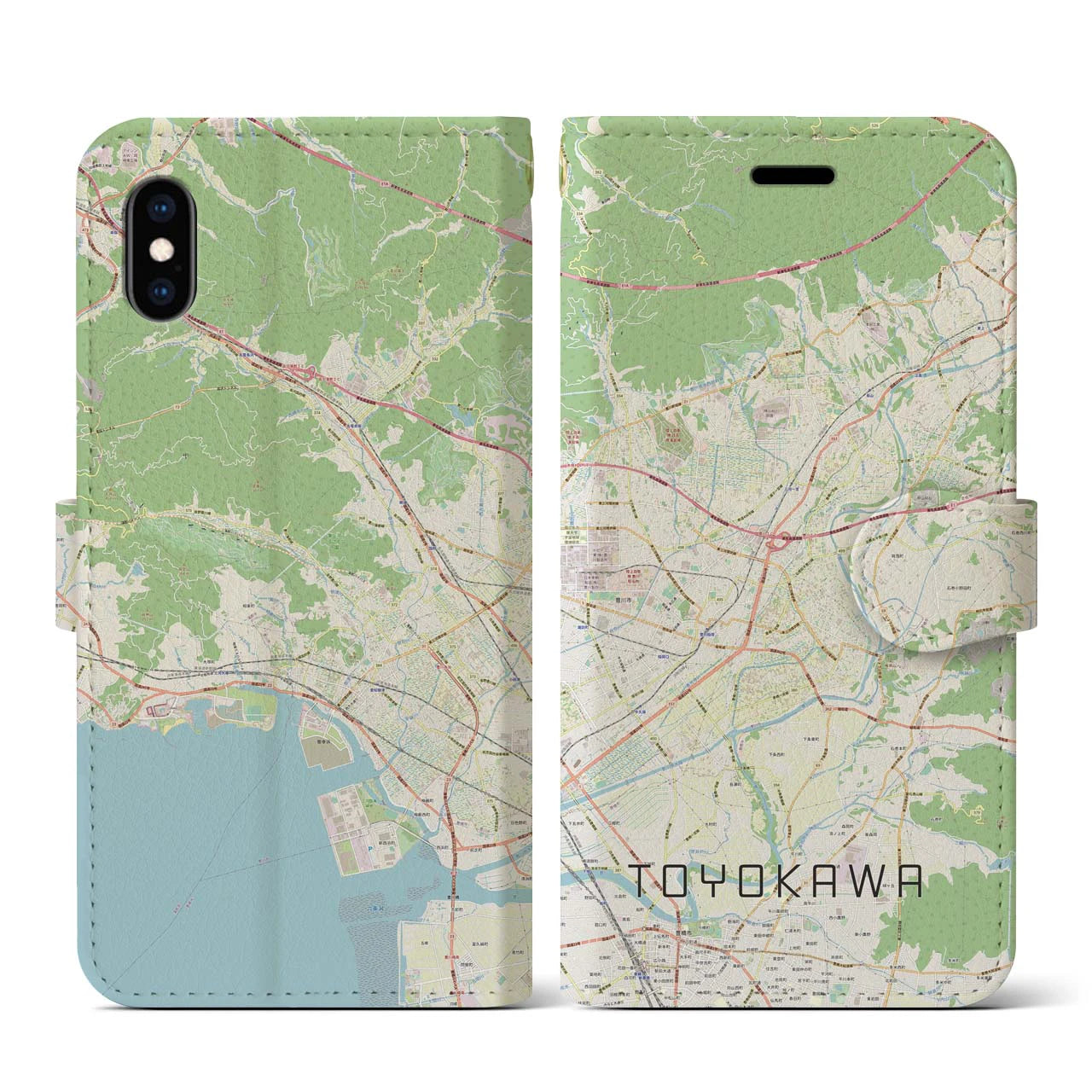 【豊川】地図柄iPhoneケース（手帳両面タイプ・ナチュラル）iPhone XS / X 用