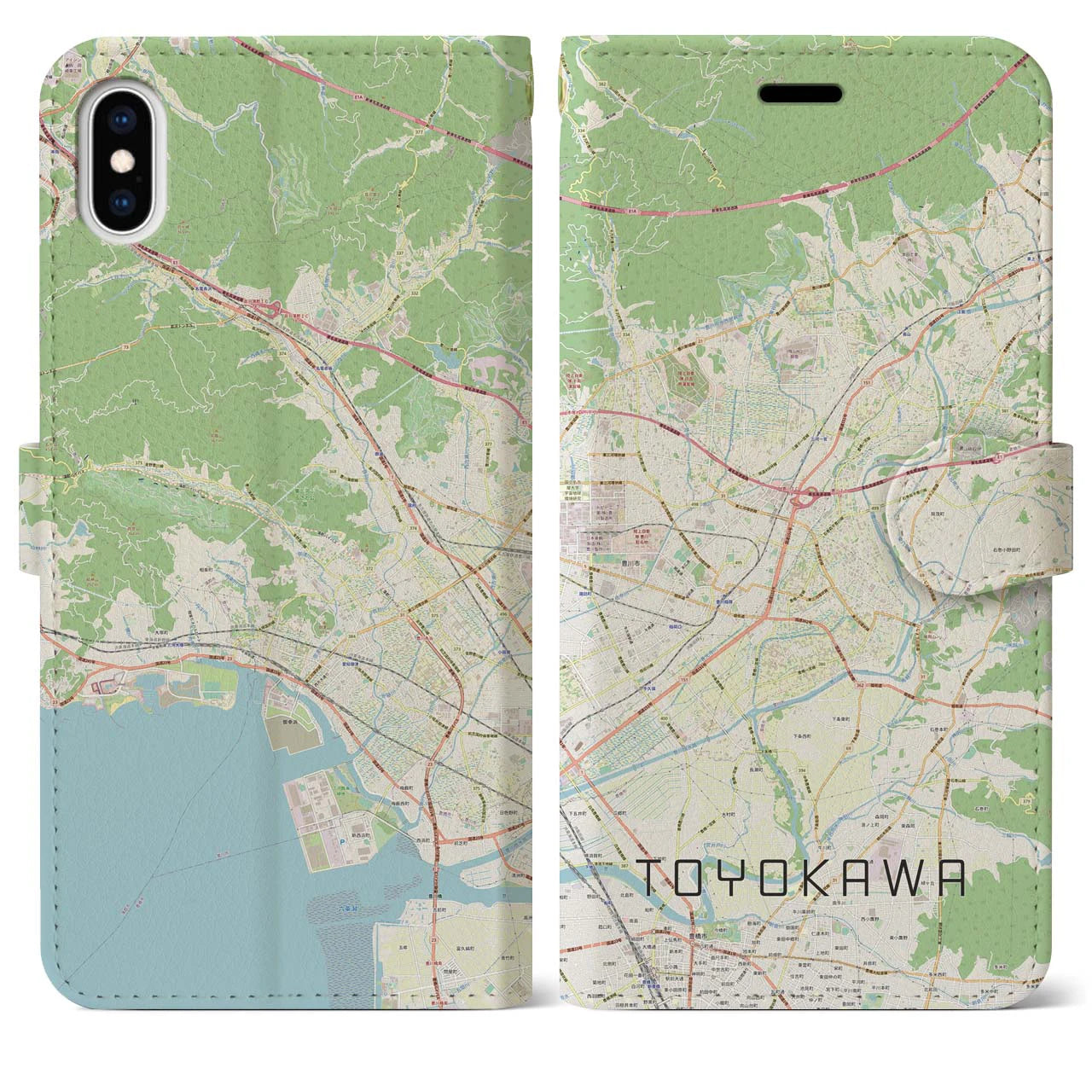 【豊川】地図柄iPhoneケース（手帳両面タイプ・ナチュラル）iPhone XS Max 用